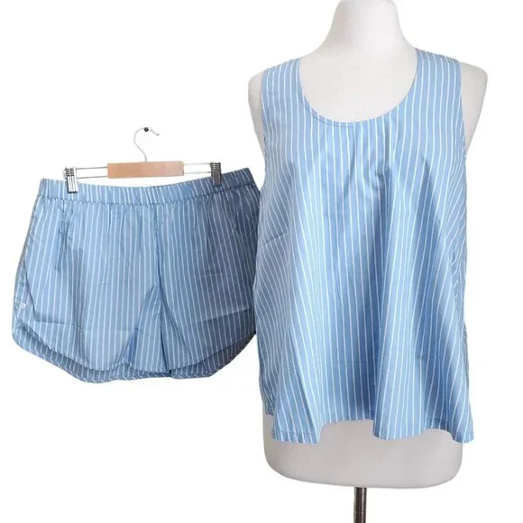LAKE Pajama 2-PC Set LARGE Top Shorts Blue White Stripe 100% Cotton - Picture 3 of 16
